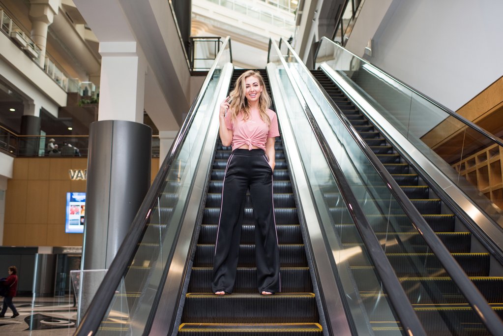 Christie Lohr is photographed on an escalator in Vancouver.