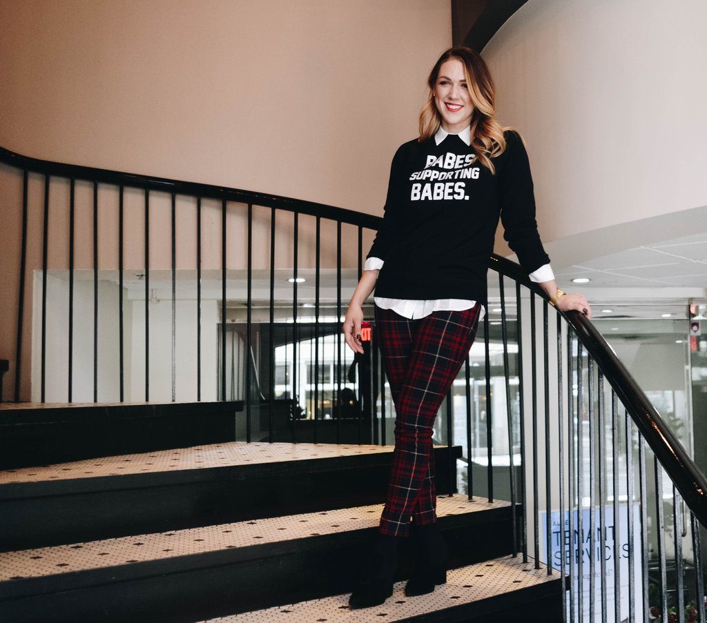 Mandy Balak is photographed wearing the Babes Supporting Babes Crew Neck Sweatshirt by Brunette the Label.