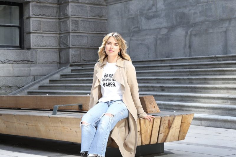 Female entrepreneur Meredith Lacosse is photographed outside of the Vancouver Art Gallery while wearing Brunette the Label.