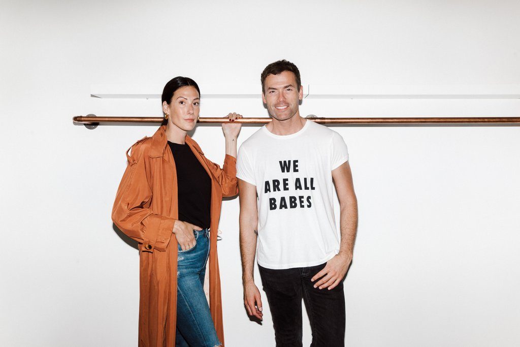Ryan Pugsley is photographed standing with Miriam Alden, founder of Brunette the Label.