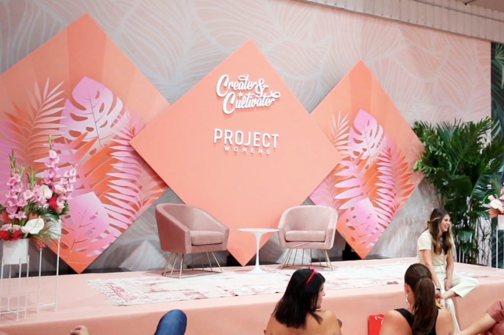 A photograph of the female founded Create & Cultivate activation at the fashion wholesale trade show Project Womens Las Vegas.
