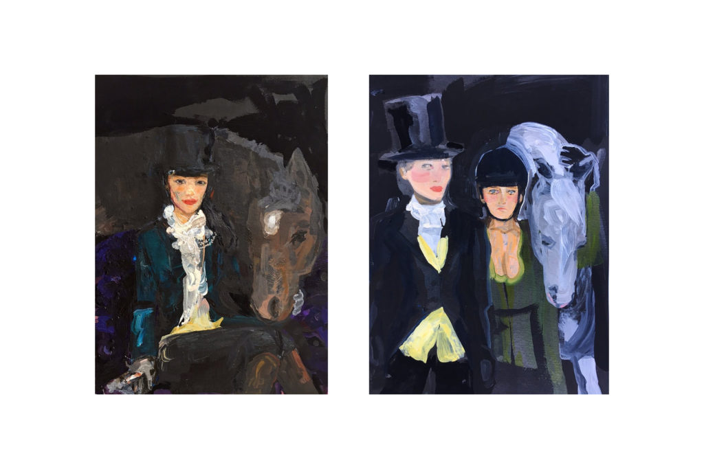 Two paintings of women and horses by Suzy Spence, the new york-based artist.